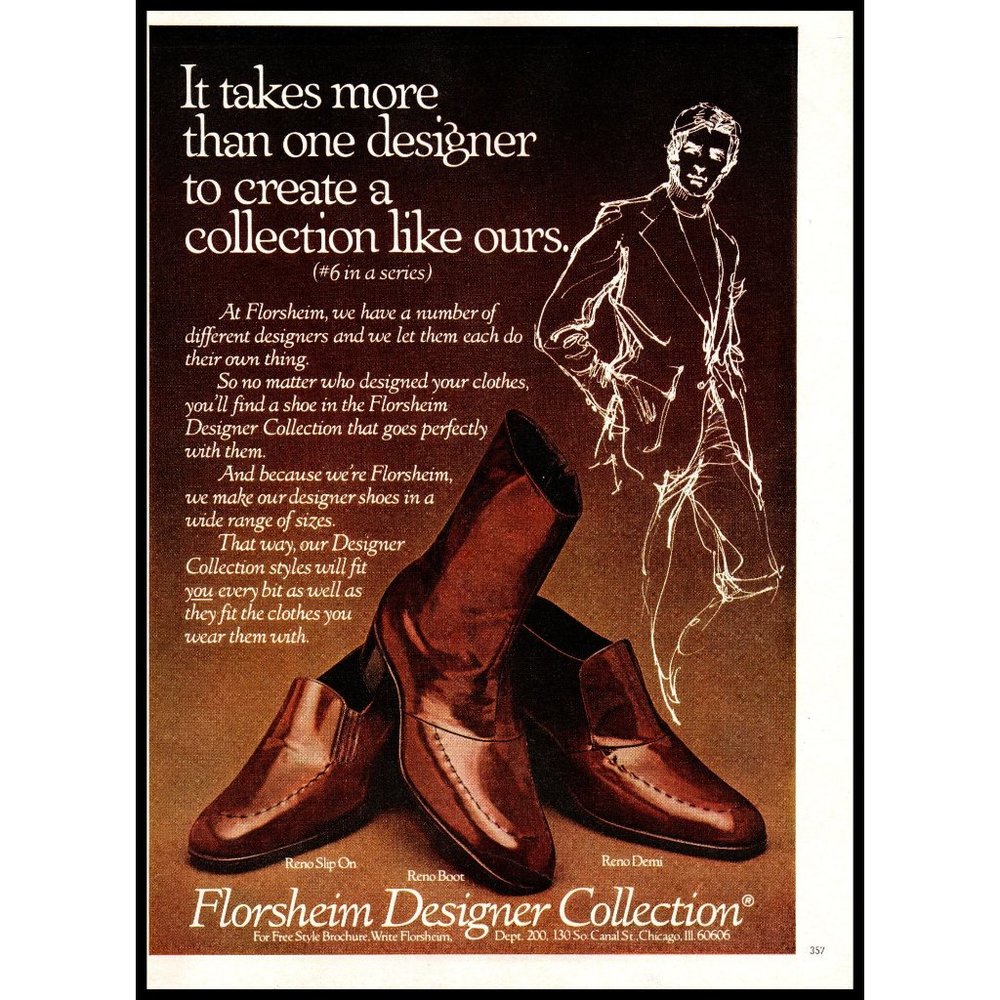 1978 Florsheim Designer Collection Mens Shoes Vintage Print Ad 70s Fashion Art